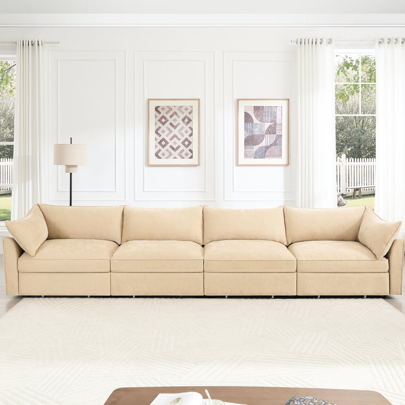 4, couleur blé, tissu chenille, tiroirs cachés, en forme de croissant, coussins enveloppants, rangement confortable, maison douillette