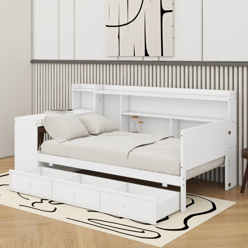 Lit de jour simple en bois avec tiroirs et bureau, Blanc