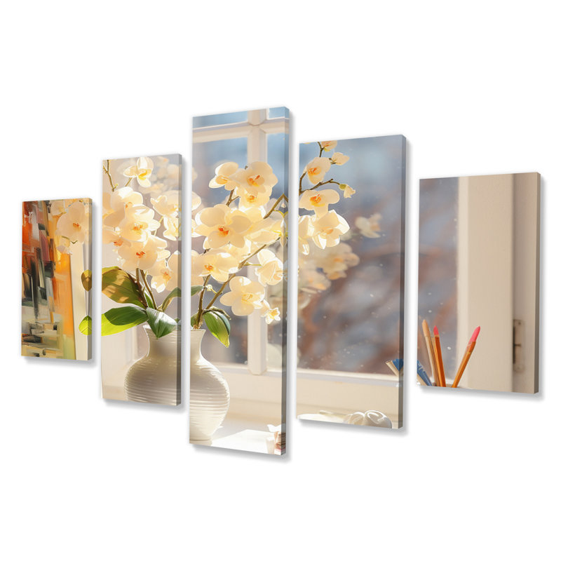 Fleurs d'orchidées impressionnistes dans un vase ensoleillé - décoration murale fleurs - 5 panneaux