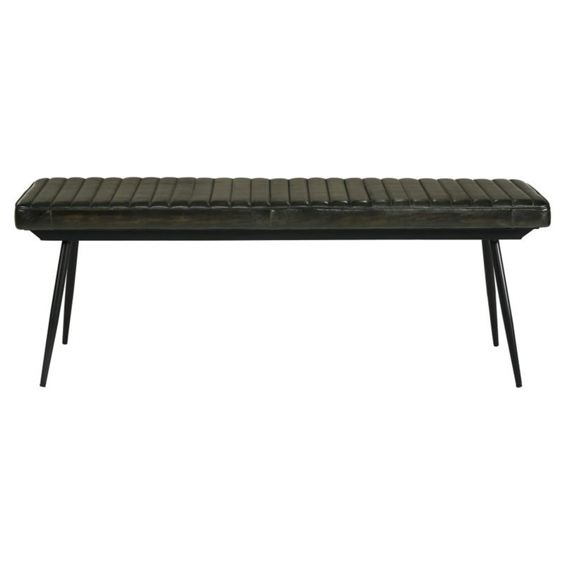 Banc ancien en cuir, pieds en métal, siège rembourré, capitonnage vertical, style vintage, base, style industriel, pour espaces repas. Revêtement noir évasé et fuselé.