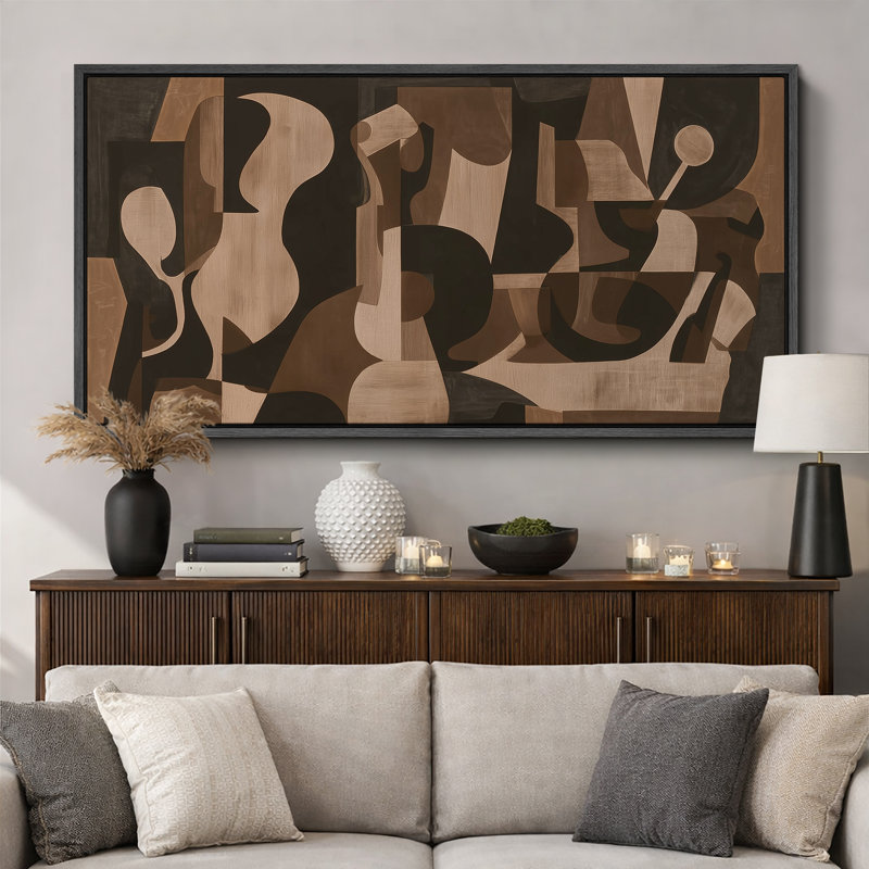 Impression sur toile encadrée moderne moderne de forme organique abstraite brune, H 30 po x l 60 po, Noir