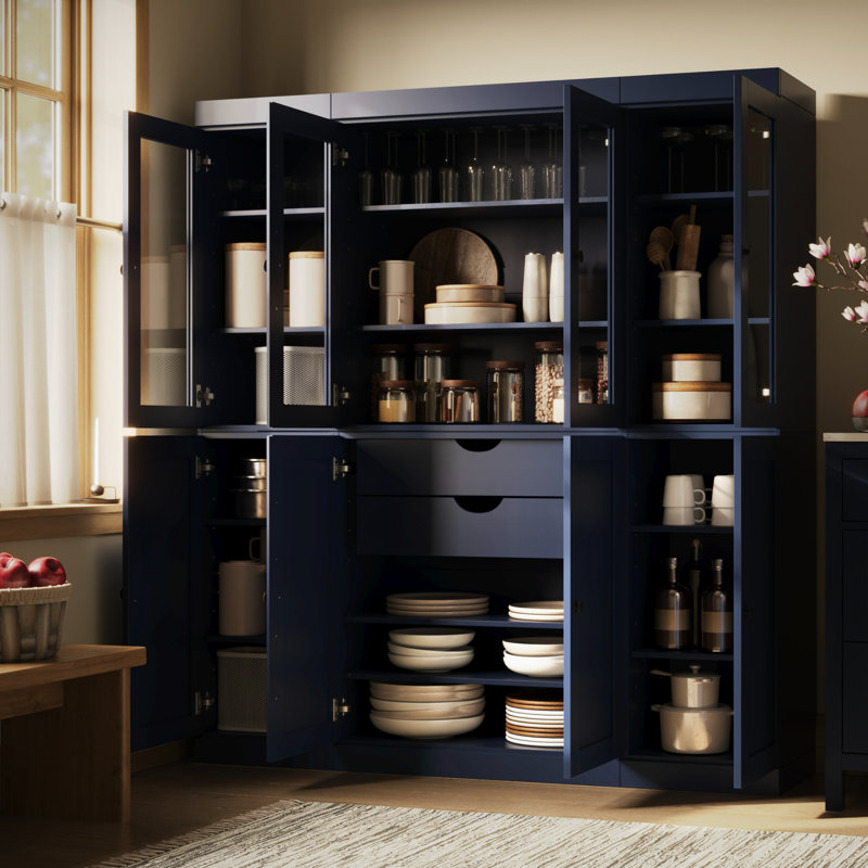 Armoire de cuisine haute 100% en bois massif avec portes en verre et 2 tiroirs, tablettes réglables, armoire de rangement modulaire de cuisine Pulcova, l 65 po x H 71,5 po