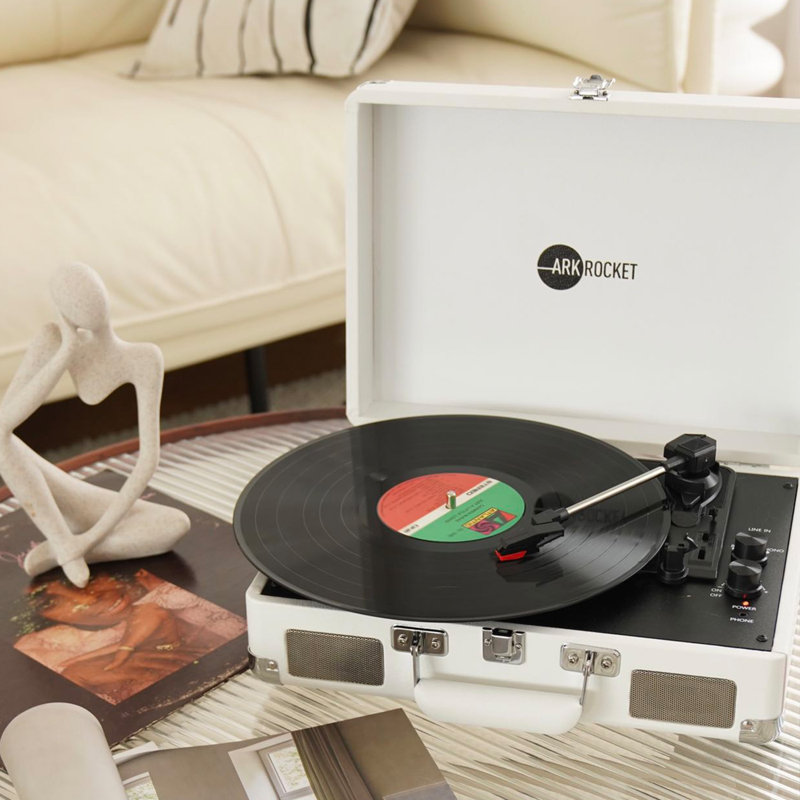 Valise tourne-disque Bluetooth à 3 vitesses avec haut-parleurs intégrés Arkrocket Curiosity, Blanc
