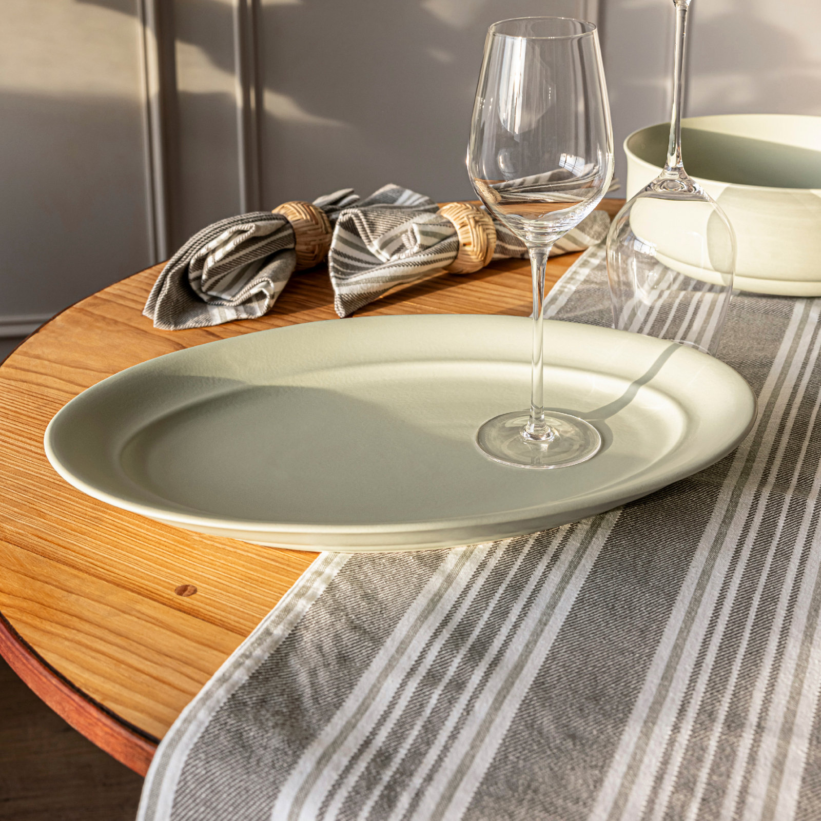 Woven Striped Table Runner, 18" W x 90" L, White/Gray