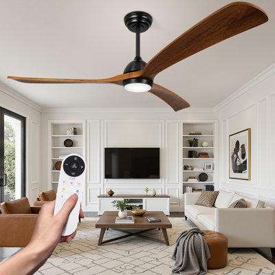 Ventilateur de plafond en bois massif à 3 pales de 60 pouces avec lumière, ventilateur à hélice réversible à finition noyer avec télécommande pour salon patio