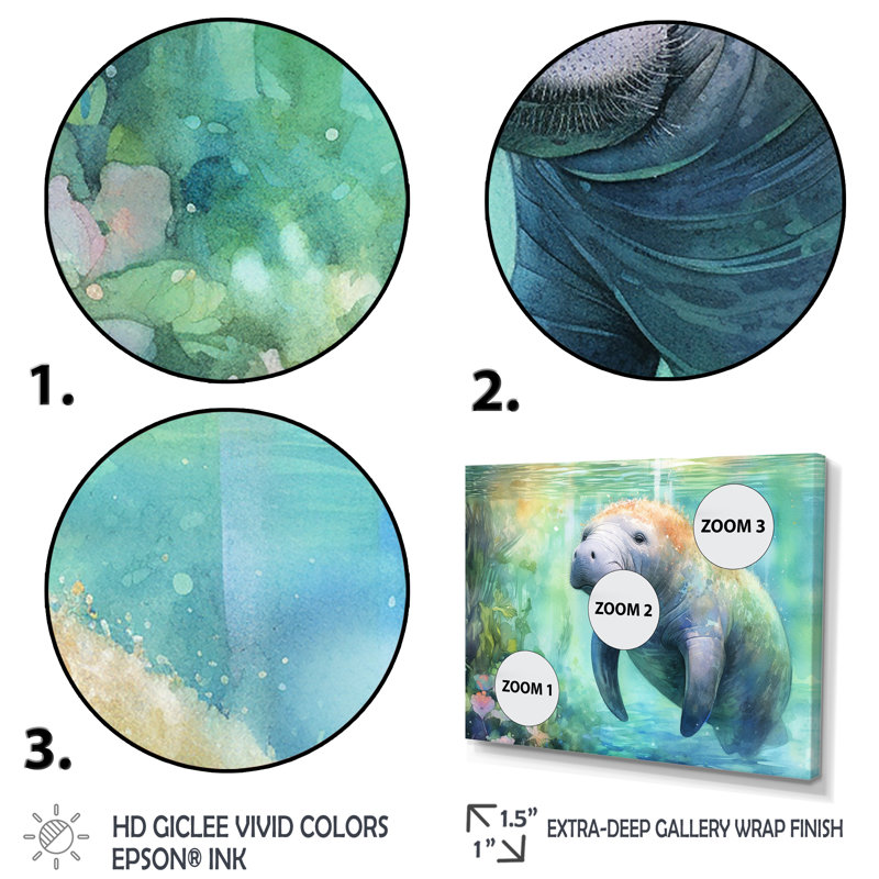 Gentle Manatee II - Art mural de lamantin pour le salon, H 34 po x l 44 po x P 1,5 po, Cadre flottant brun
