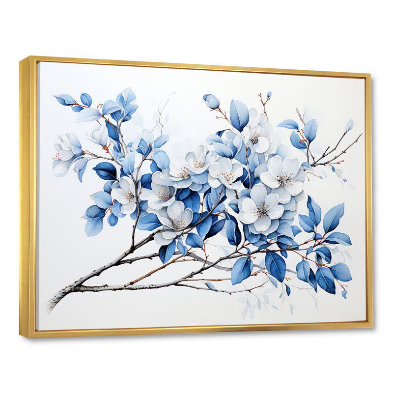 «Blue and Grey Leaves II», reproduction sur toile, Cadre flottant doré, 34" H x 44" W