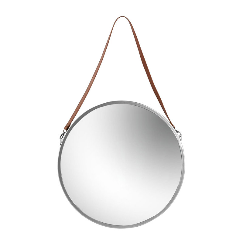 Harbour Housewares - Round Metal Frame Hanging Mirror on Strap, Silver, 40cm H x 40cm W
