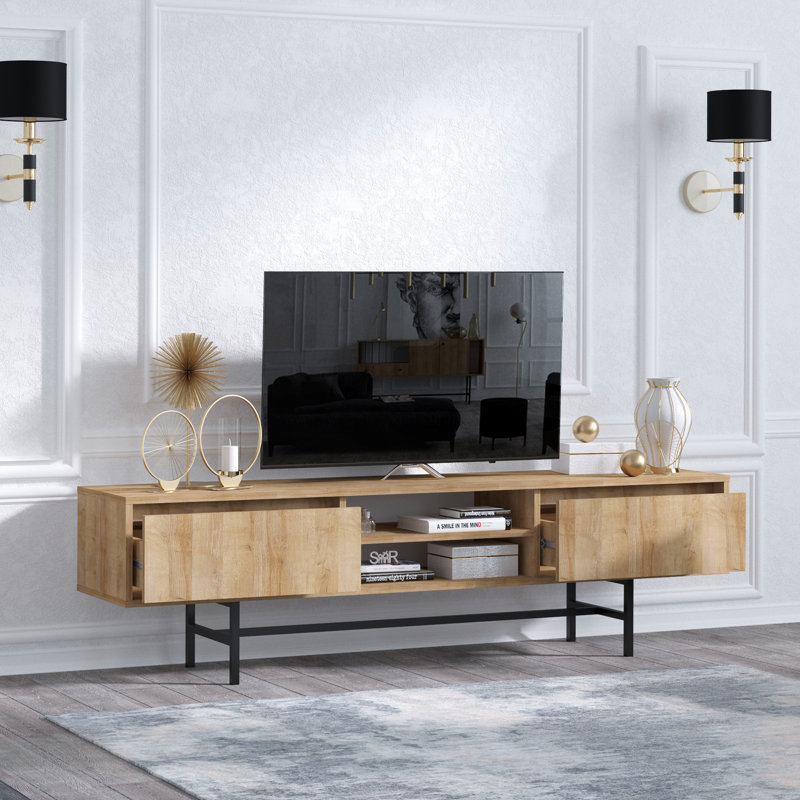 Meuble télé moderne avec pieds en métal, finition chêne et noir, 70,9 x 15,7 x 15,7 pouces | 100% panneau de particules enduit de mélamine, épaisseur: 0,7 pouce | Nombreuses tablettes de style scandinave à fixation murale pour un salon élégant