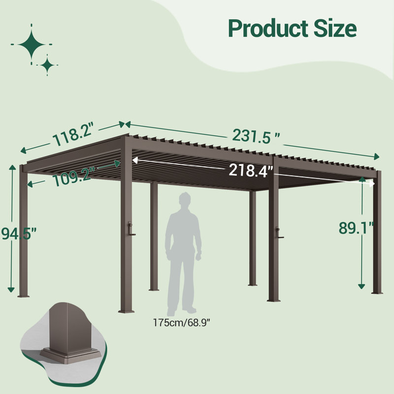 Metal Louvered Pergola with Adjustable Canopy for Outdoor Patio, 10' W x 20' D, Brown