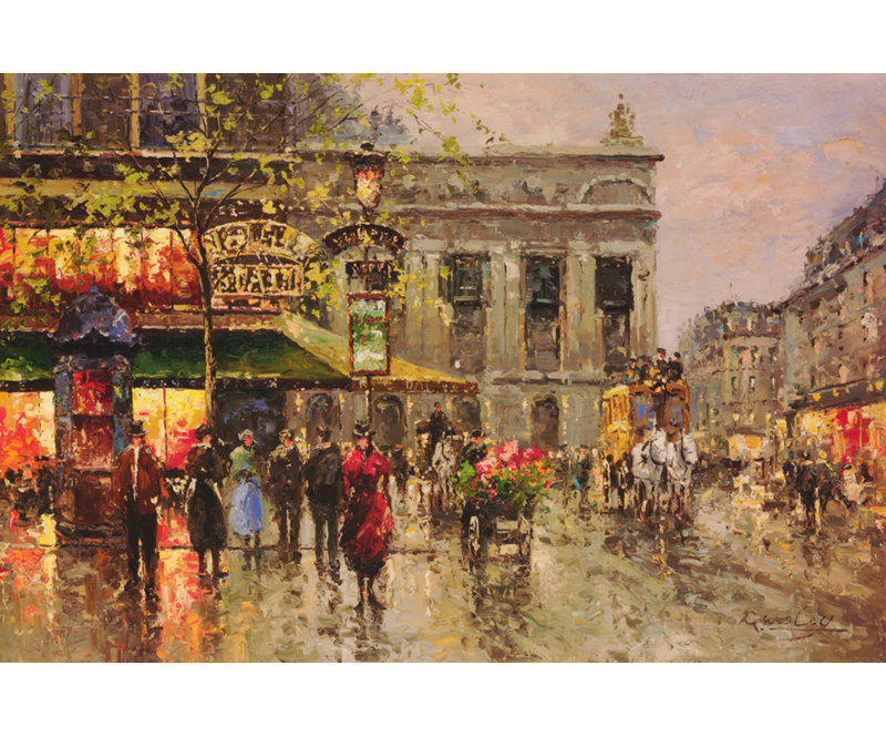Scène de rue rétro parisienne, H 16 po x l 24 po