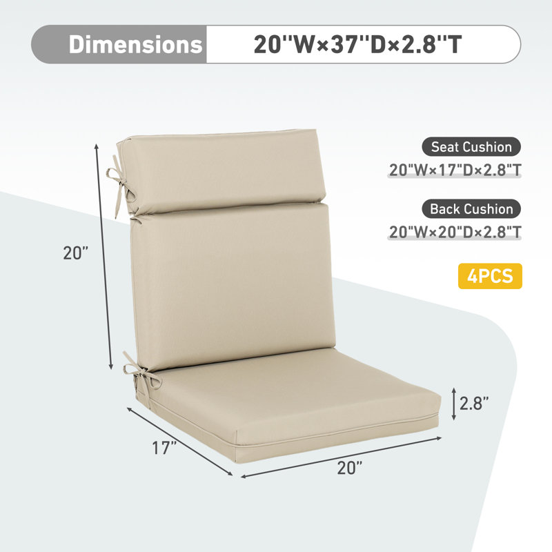 Outdoor Dining Chair Seat / Back Cushion, Khaki, 20" x 17"