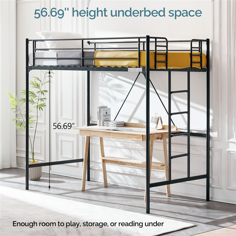 Loft Bed Twin Size With Flat Rungs For Adults, Kids And Young Teens, No Box Spring Required, Black