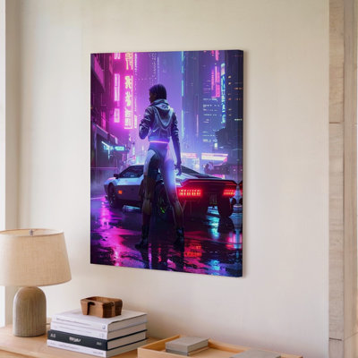 Wall Art Neon Future Cyberpunk Cityscape With Lone Figure And Sci Fi Car Some Wall Canvas Ready To Hang Gallery Wrapped Home Decor