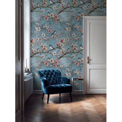 Papier peint floral peler et coller, oiseaux et fleurs
