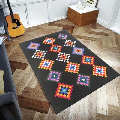 Tapis rectangulaire noir / orange / bleu en polypropylène tissé à la machine Edlin