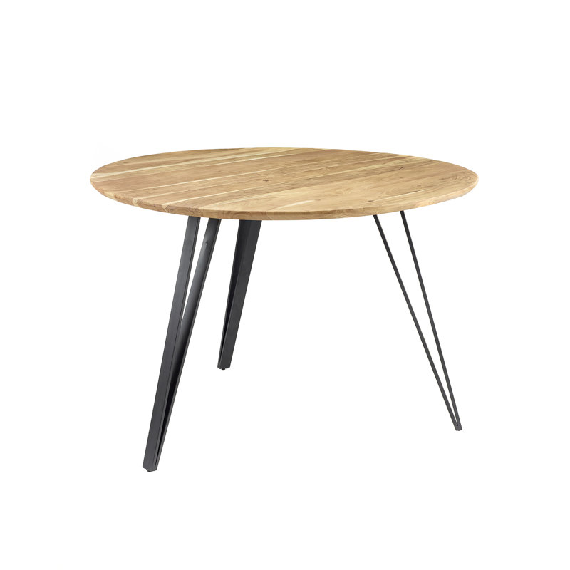 Molucca Mango Round Wood Top Dining Table with Steel Base, Naural