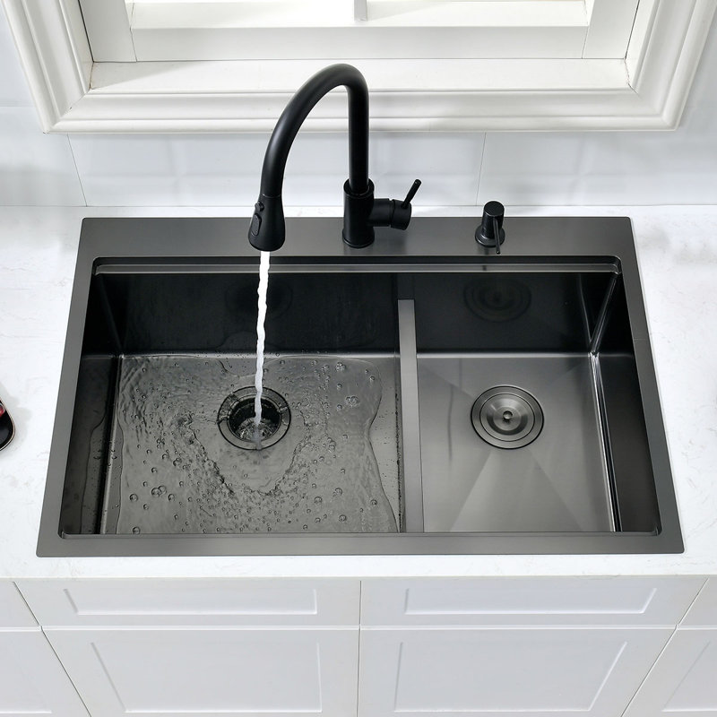 33 éviers de cuisine encastrés à double cuve noire en acier inoxydable 33 po x 22 po x 10 po avec éviers de cuisine encastrables en acier inoxydable noir 60/40 avec accessoires