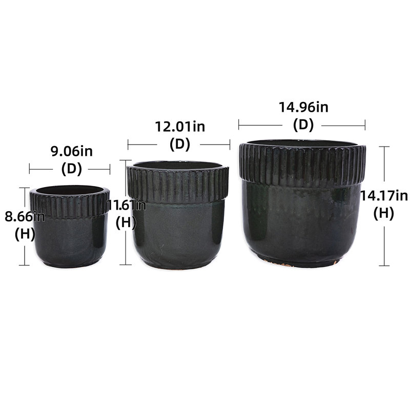 3 pots de fleurs en céramique, pot de fleurs intérieur / extérieur moderne, Noir
