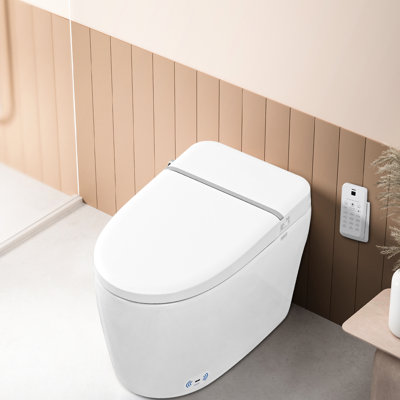 Bidet de toilette intelligent avec couvercle ouvert avec capteur de pied, siège chauffant, nuit, lavage à la balançoire, ralentissement silencieux, buse autonettoyante blanche à chasse automatique, chasse d'eau à bouton latéral arrière,