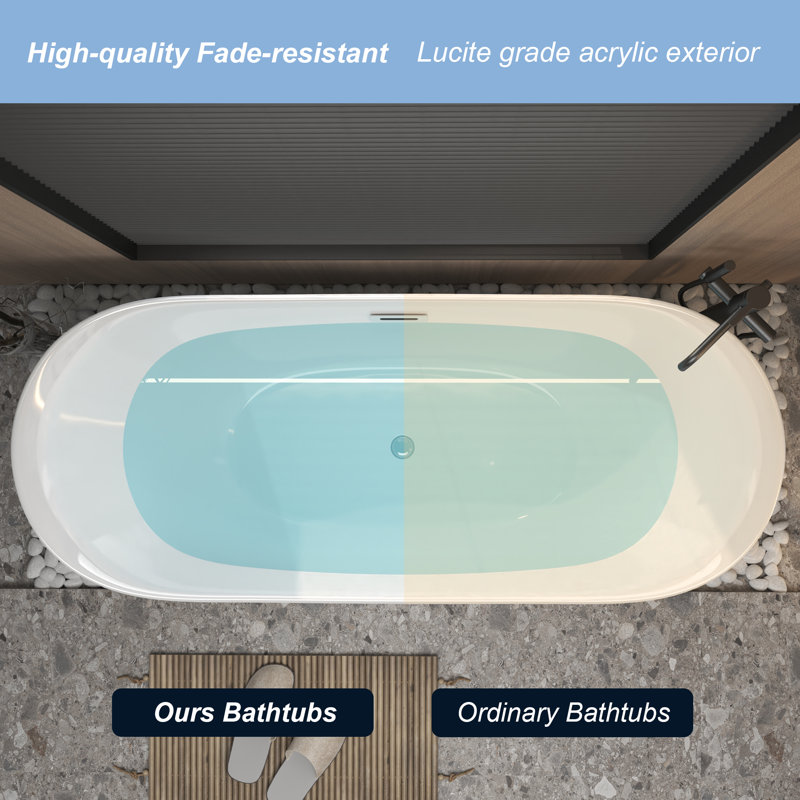 Baignoire autoportante 59 po en acrylique, blanc brillant, avec trop-plein chromé et bonde escamotable, certifiée Cupc