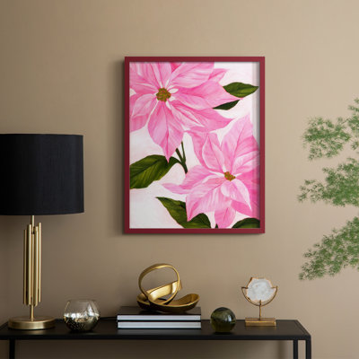 «Neon Pink Poinsettias I», reproduction encadrée - bois massif