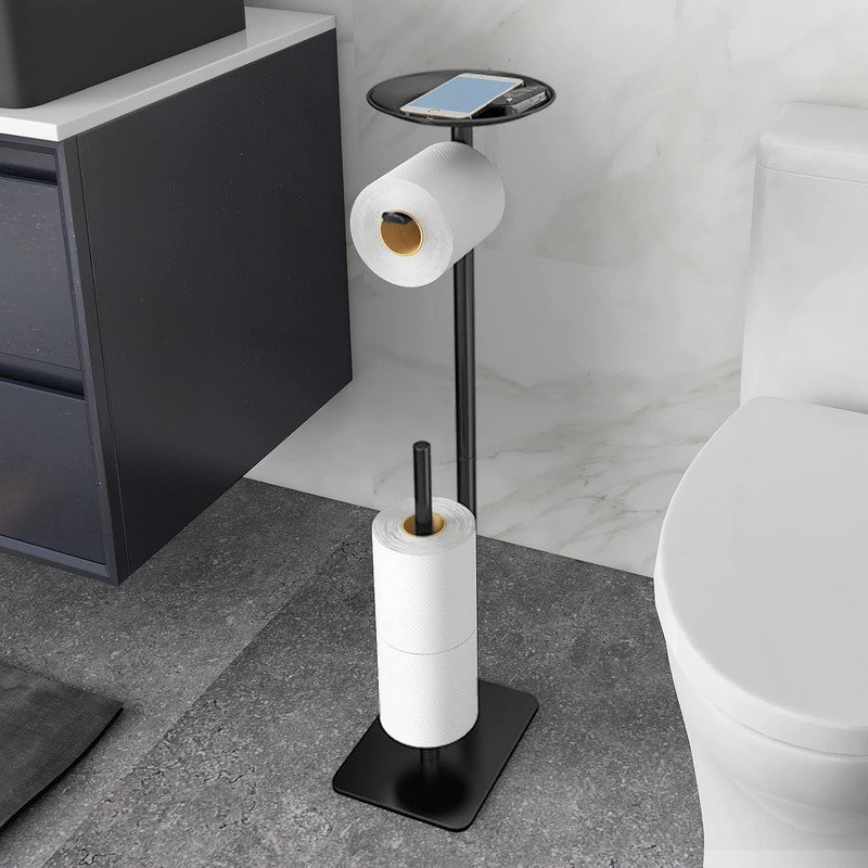 Porte-papier hygiénique sur pied avec tablette de rangement, Noir