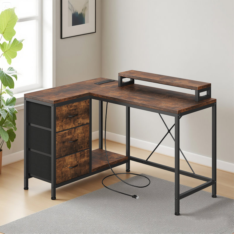 Bureau d'ordinateur en L 47 pouces avec prises de courant et lumières à DEL, 3 tiroirs, Brun