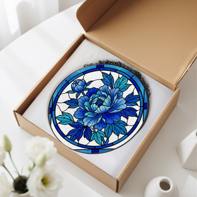 7.8"H Blue Floral Stained Glass Window Panel