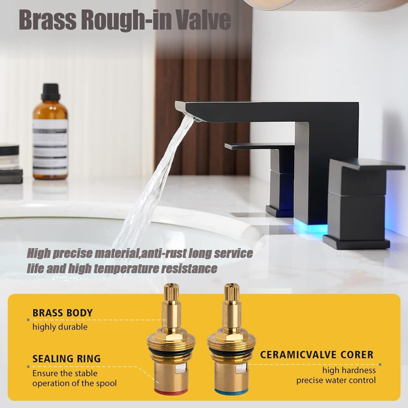 Led 3 Hole Bathroom Sink Faucet, Matte Black Waterfall Widespread Bathroom Faucet with 3 Colors Light Changing, 2 Handle with Supply Lines with Pop Up Drain