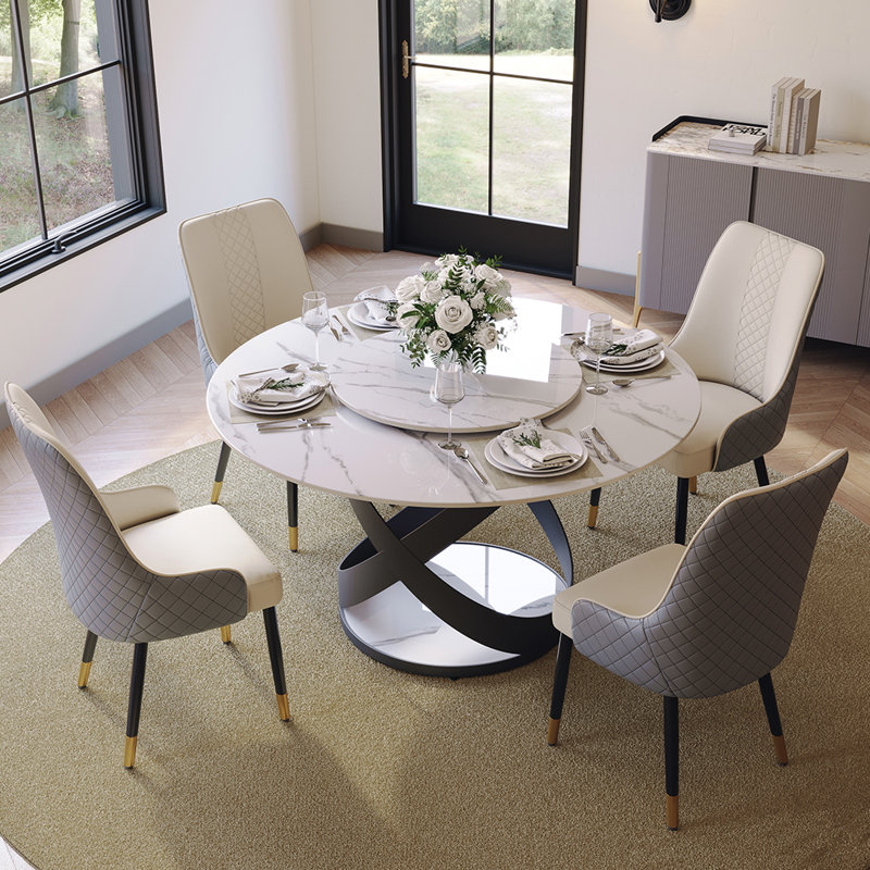 Maxwell 5/7 Pieces Modern Round Dining Table Sets, Glossy Sintered Stone Dining Table With PU Upholstered Chairs, Pre-Assembly