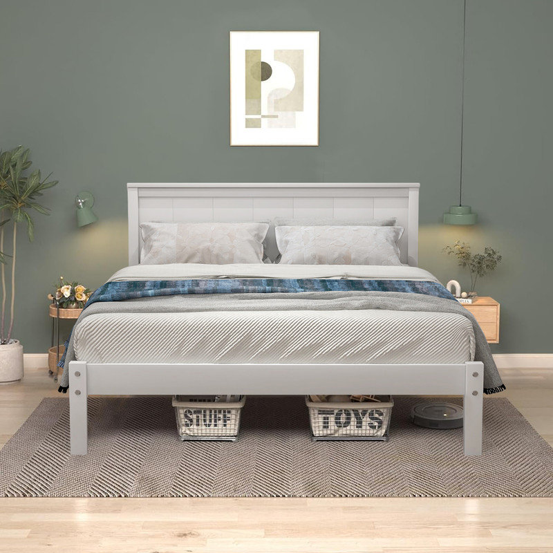  Base de lit plateforme en bois avec tête de lit Varmo, Double, Blanc