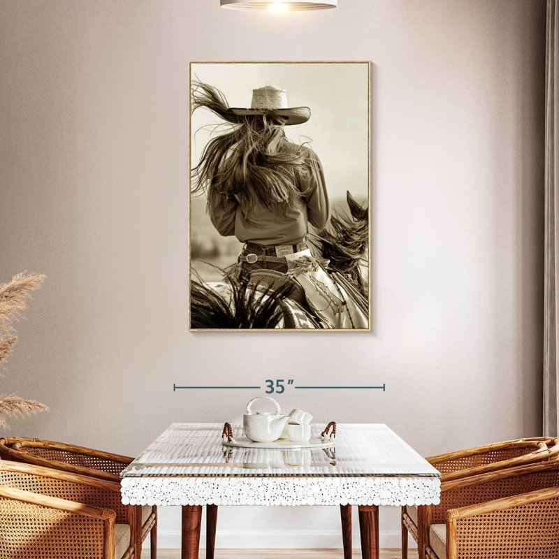 Sepia Cowgirl, 31" x 46", Floating Frame Natural Wood