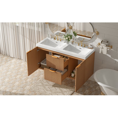 Meuble-lavabo double 47,24 pouces avec comptoir en bois massif, armoire en panneau de fibres à densité moyenne, portes à fermeture en douceur, tiroirs divisés, meuble-lavabo mural moderne