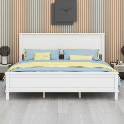 Rustic Wood Platform Bed Frame with Headboard & Stable Slat Support