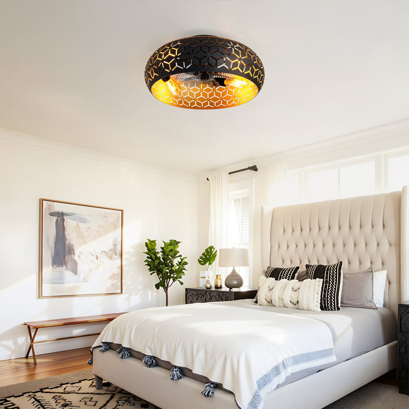 Modern Caged Ceiling Fan Light Kit with Remote Control, Black; Gold