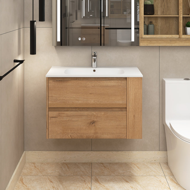 Meuble-lavabo simple 30 po avec plateau en acrylique Sagen, Imitation chêne