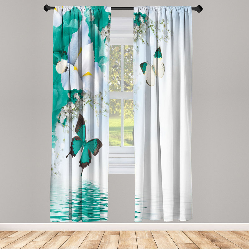 Microfiber Floral Semi-Sheer Rod Pocket Curtain Panels, 28" W x 95" L, Turquoise/Light Blue