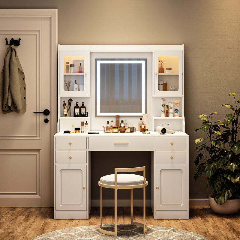 Meuble-lavabo blanc avec grand miroir, 6 tiroirs, 3 lumières chaudes et une tablette, 4 casiers de style américain