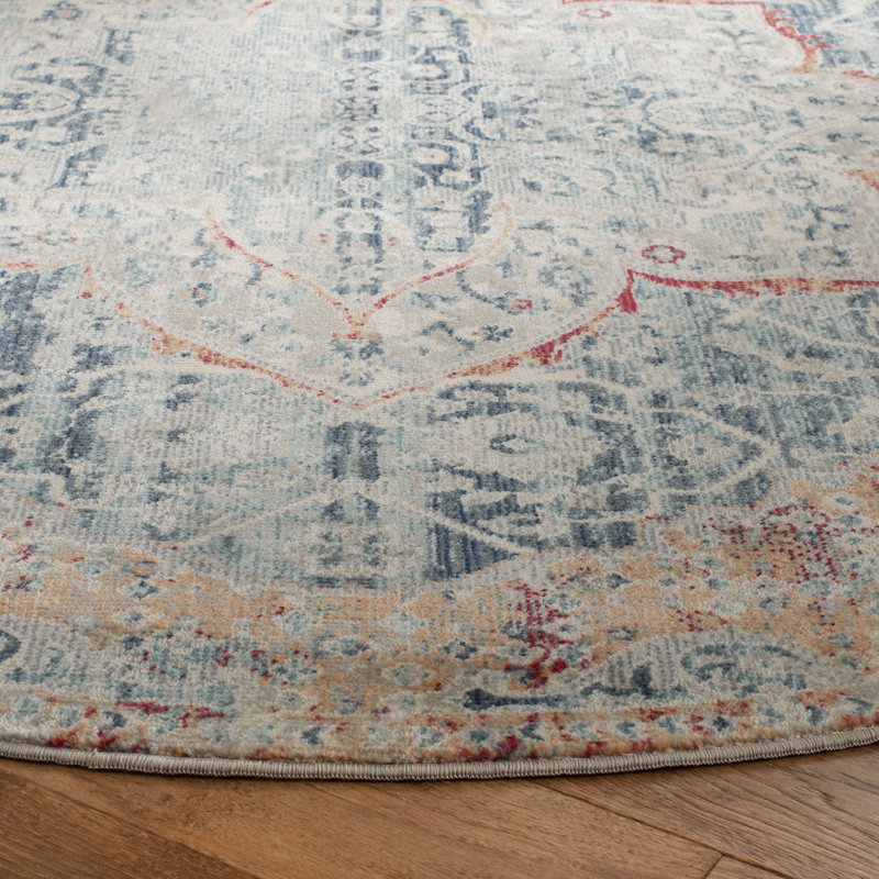 Doucet 300 Pes/Cotton/Pp/Latex Oriental Rug in Navy/Red/Grey, Round 6'