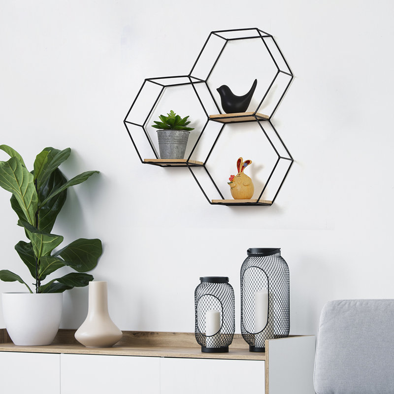 3 Piece Hexagon Metal Floating Shelf with Live Edge