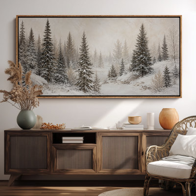 Extra Large Snow Covered Pine Forest Landscape with Misty Winter Woodland and Frosted Trees Print Wall Art