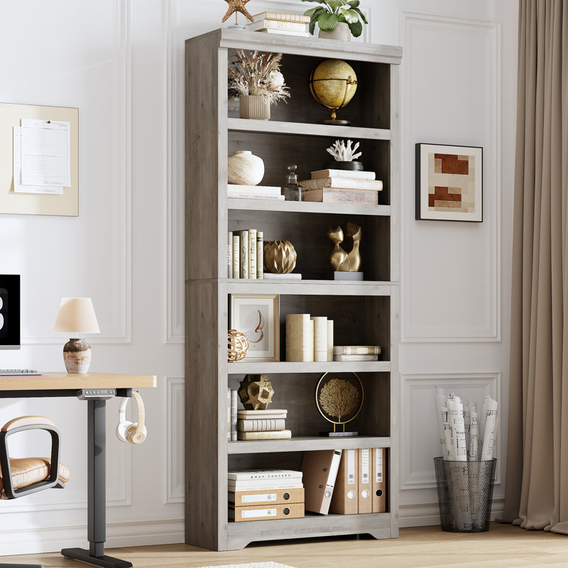 6-Tier Farmhouse Bookcase with Adjustable Shelves, Floor Standing Open Display Storage Rack, Anti-Slip Design, Gray
