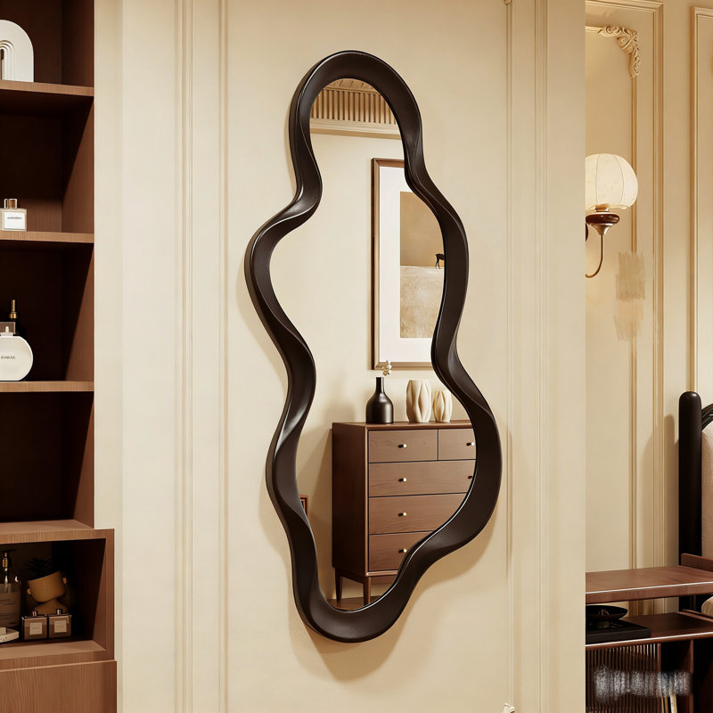 Irregular Wall Mirror, 22"x 48" Wood Black Framed Wall Mirror, Asymmetrical Wall Wavy Mirror for Living Room Bedroom Entryway Bathroom