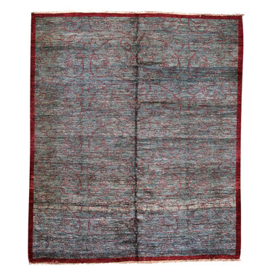Tapis géométrique en laine noué à la main de 8 pi 10 po x 10 pi 2 po vert / gris / rouge