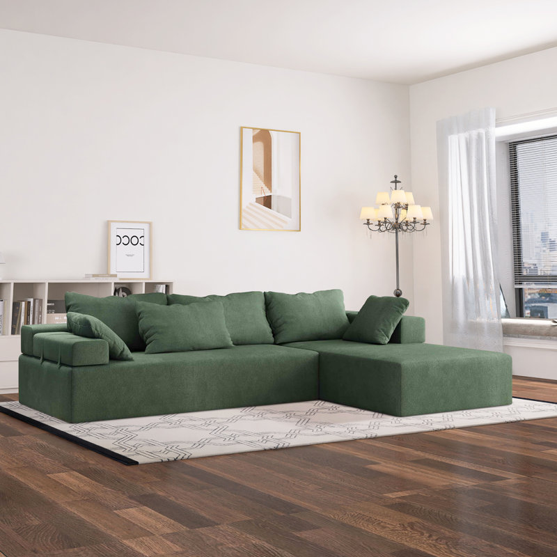 Canapé modulaire rembourré en L 2 pièces Boneless Ultan, Accoudoir à droite (vu de face), Chenille verte