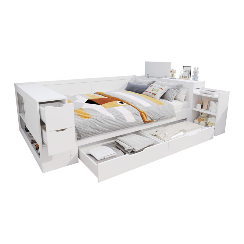 Daybed With Drawers, Shelf & Storage Box, Pull-out Nightstand, White, No Mattress, 135x190 Cm, Solid Mdf & Plywood