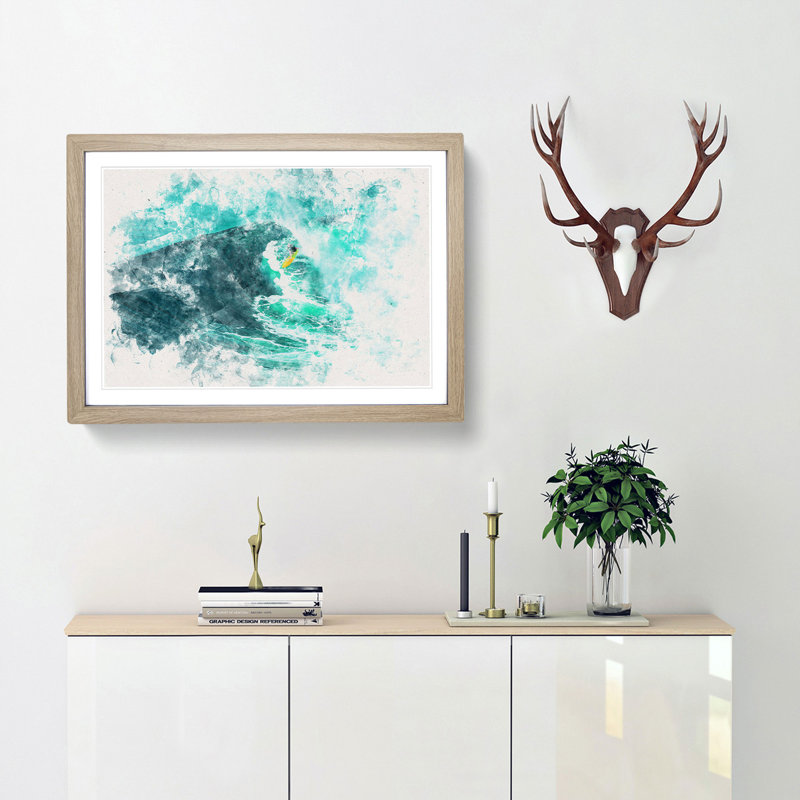 Surfing in Hawaii - Picture Frame Graphic Art Print, 33cm H x 45cm W x 2cm D, Oak Framed