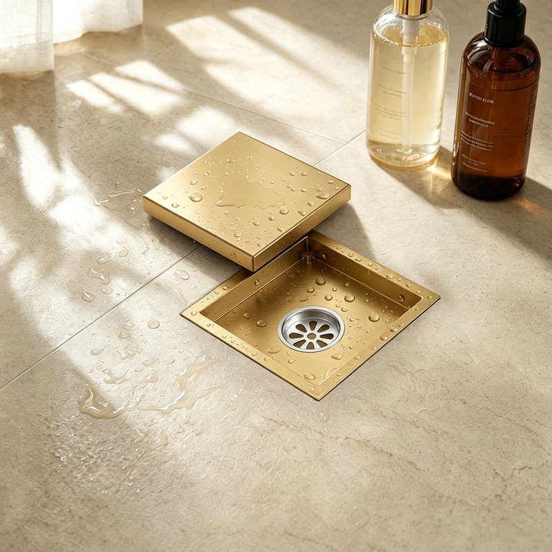 6" Square Shower Drain, Brushed Gold