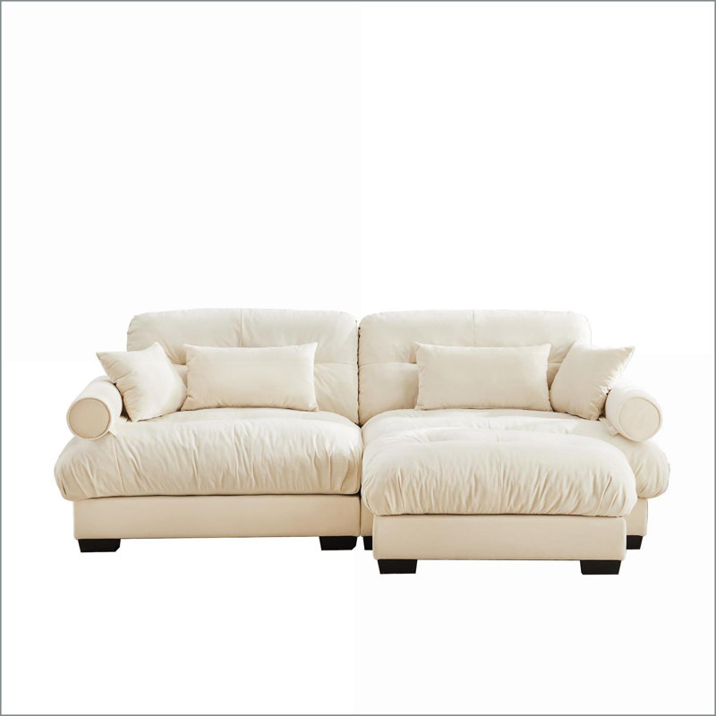 Canapés | Canapé moderne en L à 2 places avec repose-pieds, accoudoirs à traversin, coussins pour le salon, la salle de lecture, le loft, la chambre à coucher | Velours crème